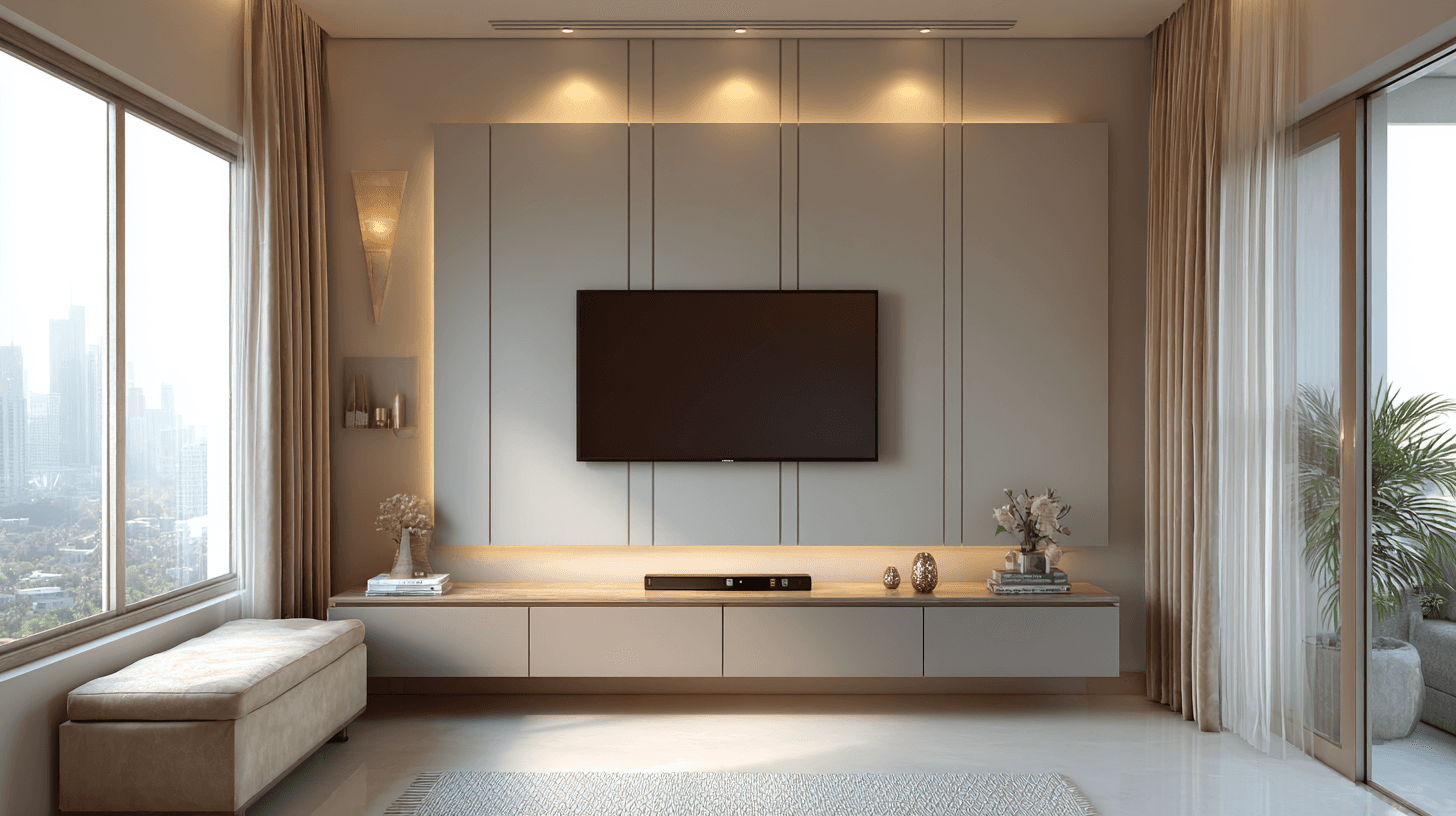 Grey Panel Back Wall with Taupe Floating TV Unit