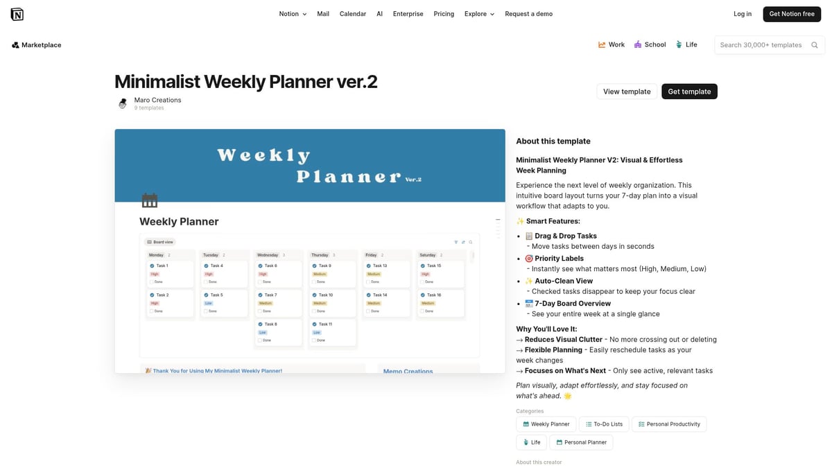 7 Best Week Planner Notion Template Picks for 2026 - Minimalist Weekly Planner ver.2 – Maro Creations