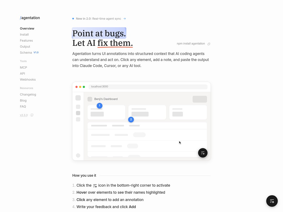AI tool for fixing bugs with UI annotations on dashboard interface.