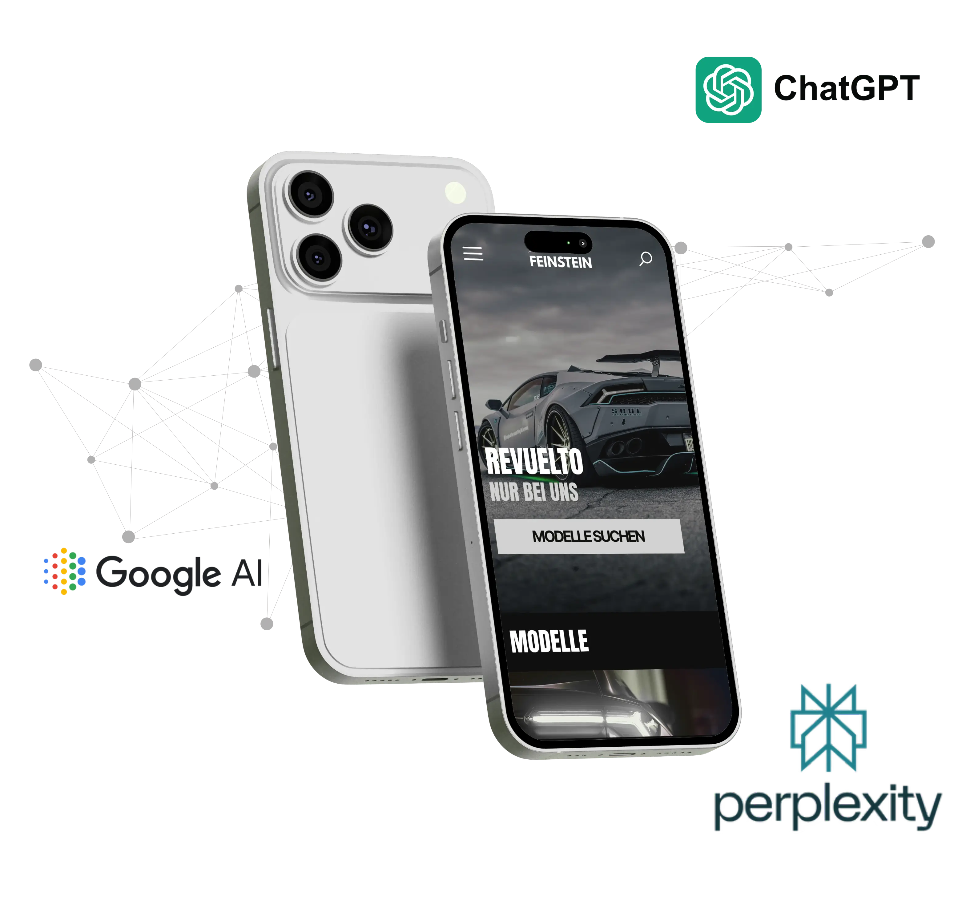 Smartphone im Screen eine Website und außerhalb Logos bekannter KI-Tools