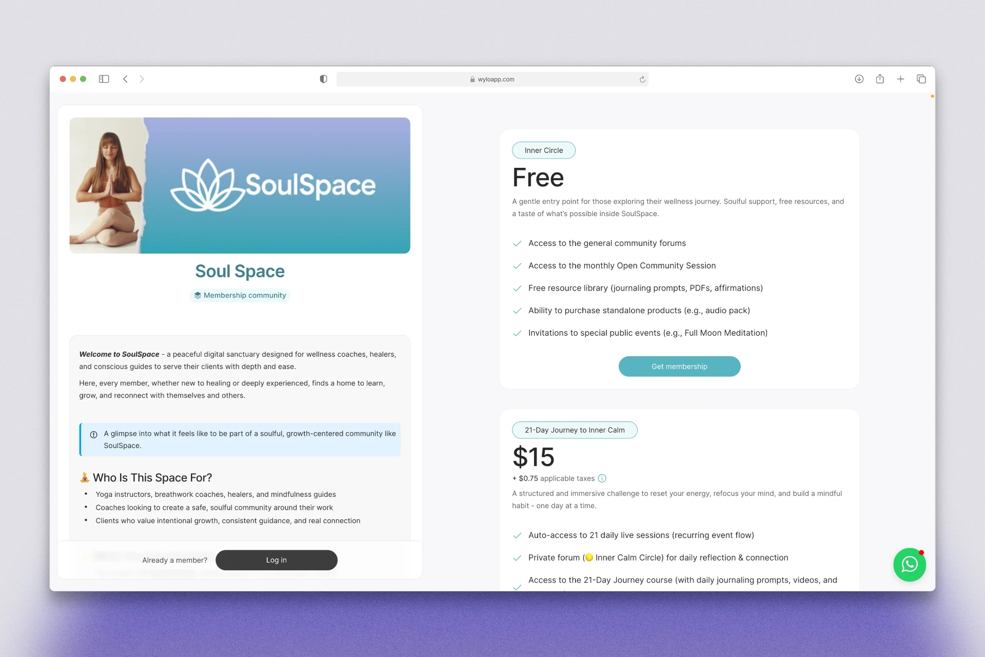 Membership page with free and $15 coaching plans showing benefits and join buttons.