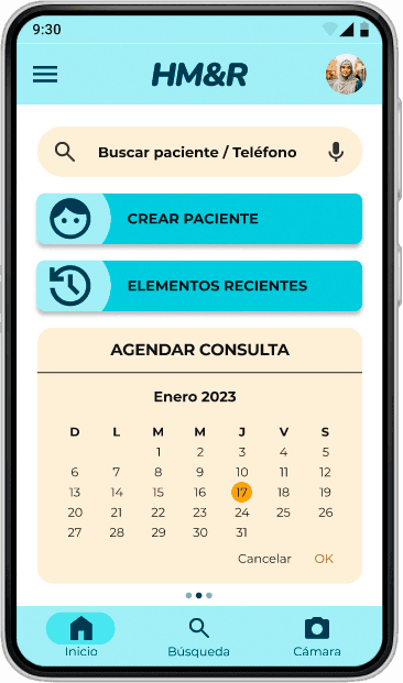 Maqueta de alta fidelidad de la aplicación HM&R; presenta el tablero principal con acceso directo a la creación de historiales clínicos, una sección de registros recientes y un calendario interactivo para la gestión de citas médicas.