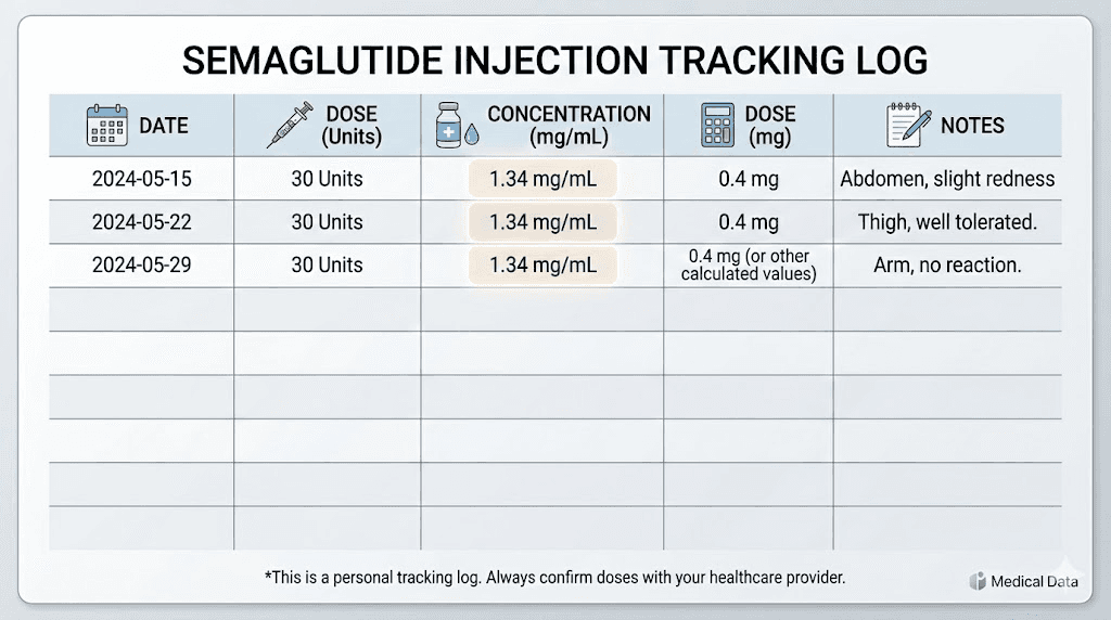 Semaglutide injection tracking log template for 30 unit doses