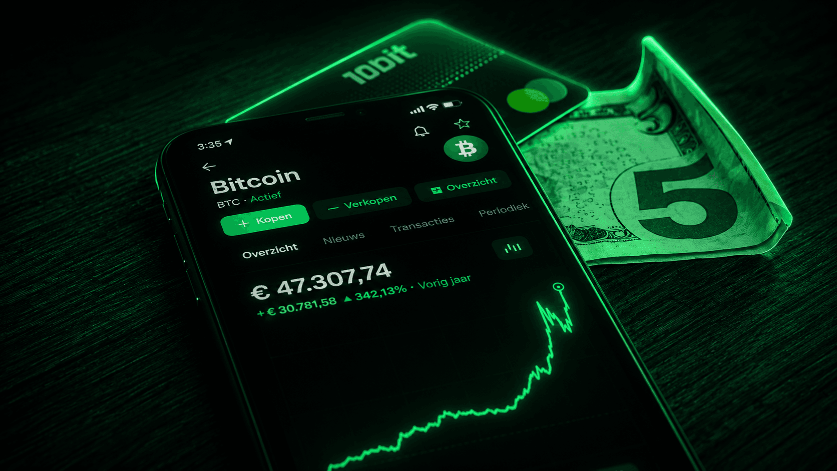 Smartphone displaying Bitcoin price with cash, resembling cryptocurrency investing.