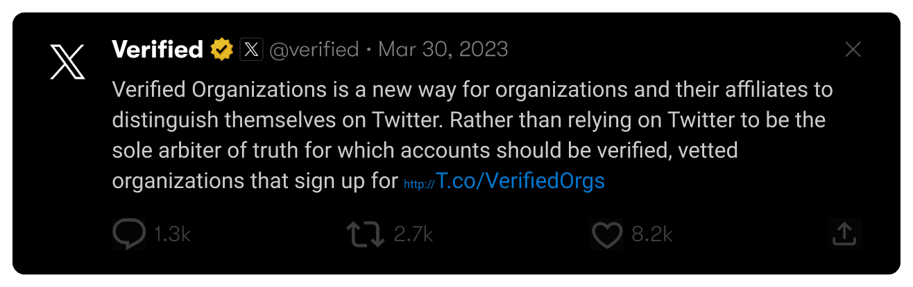 A screencap of X's verified Organizations post.