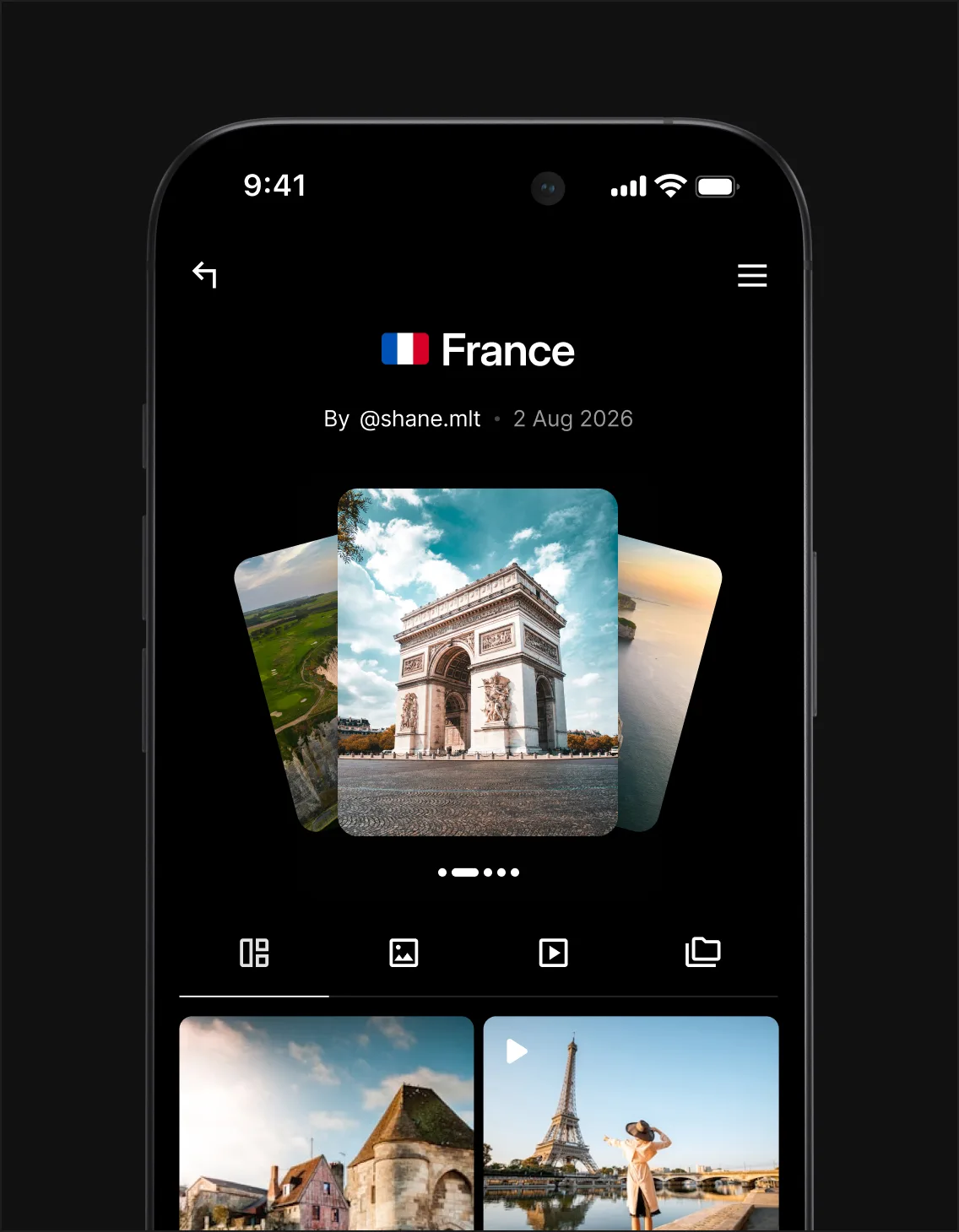Premium travel profile template for mobile with country albums and travel photos.