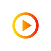 Orange gradient play button icon on a plain white background.