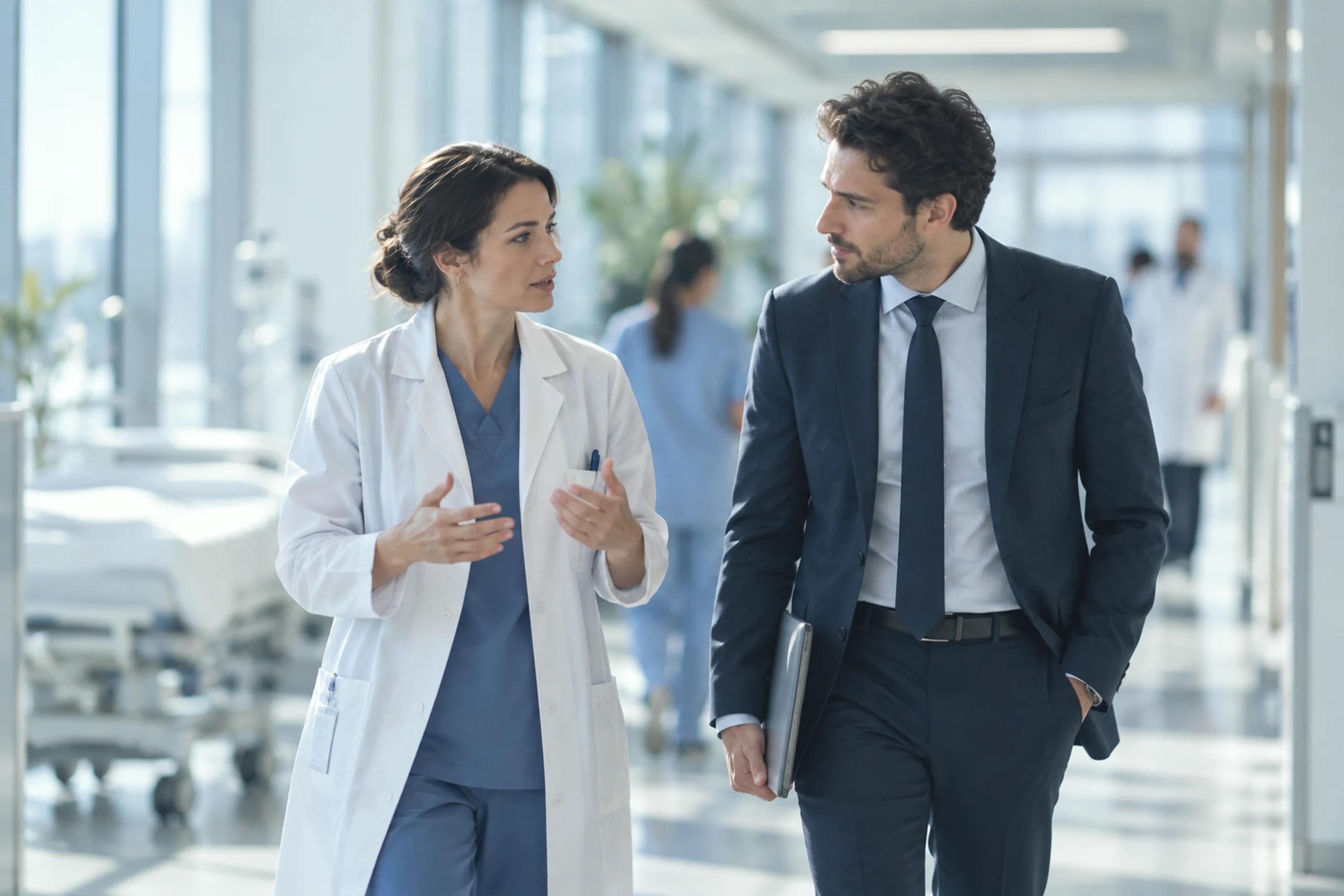 A doctor and a consultant walking along a hospital corridor