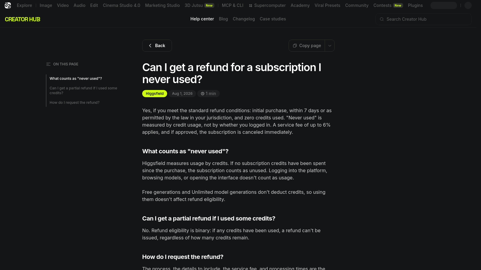 A Higgsfield Creator Hub help center article page explaining refund policies for unused subscriptions.