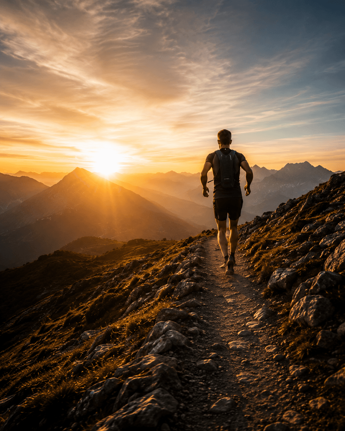 Coureur en montagne au lever du soleil