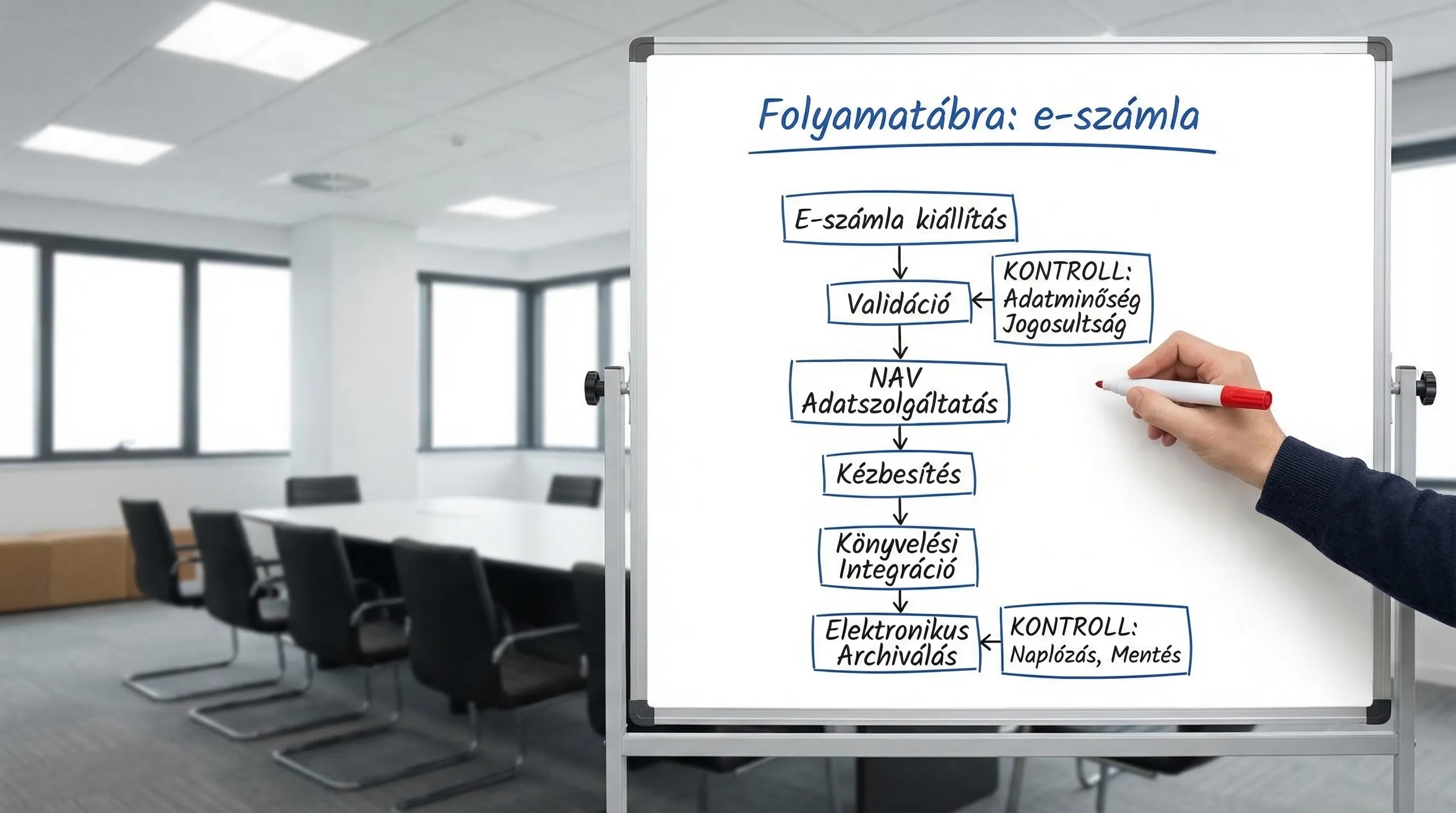 Folyamatábra: e-számla kiállítás, validáció, NAV adatszolgáltatás, kézbesítés, könyvelési integráció és elektronikus archiválás, külön jelölve a kontrollpontok (adatminőség, jogosultság, naplózás, mentés).