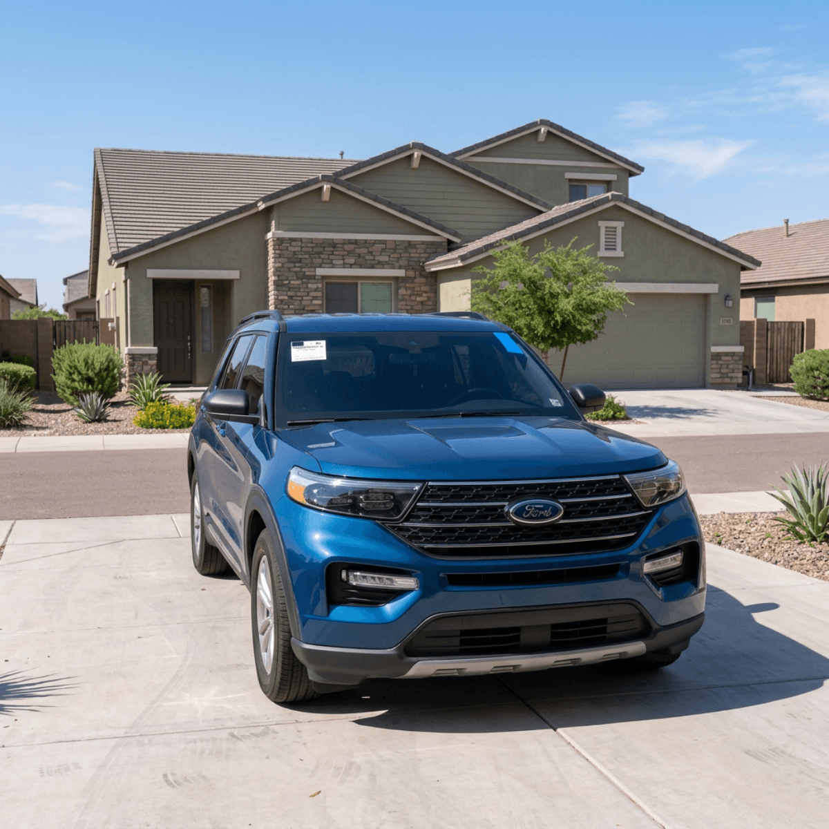 Windshield replacement completed on a blue Ford Explorer at a home in Tempe, Arizona