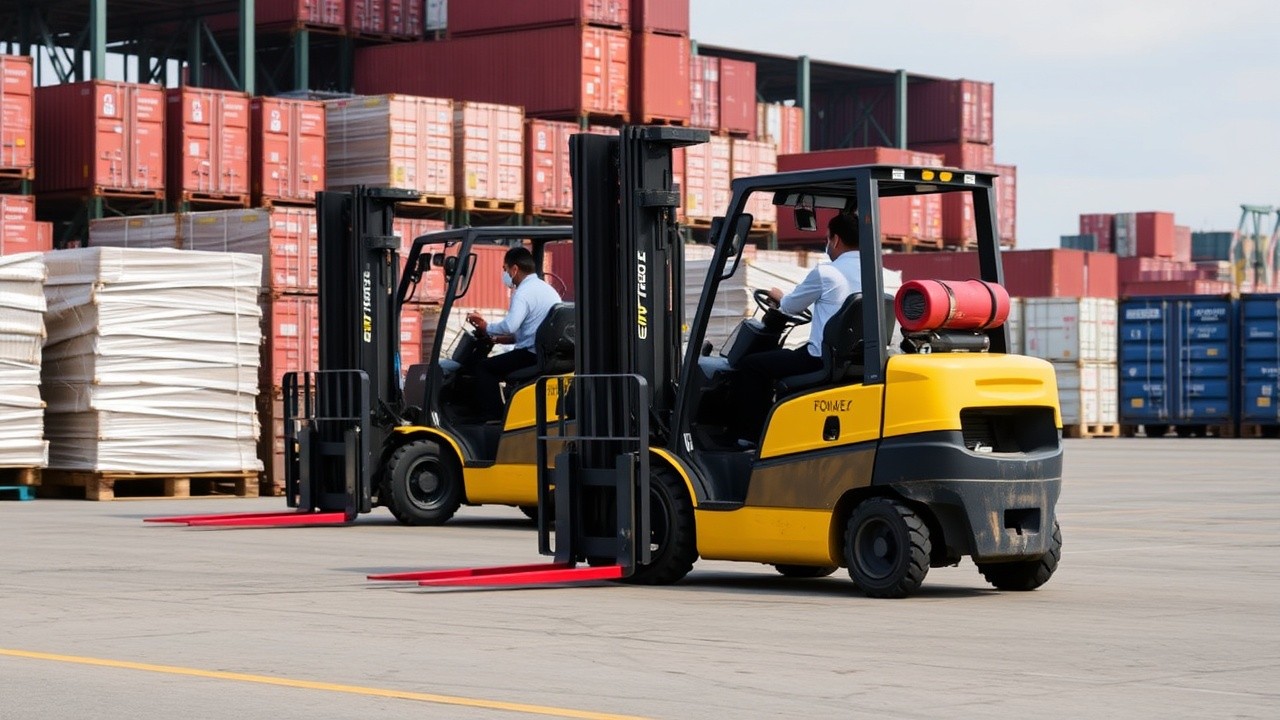 Forkliftler bir nakliye alanında paletleri taşıyor.