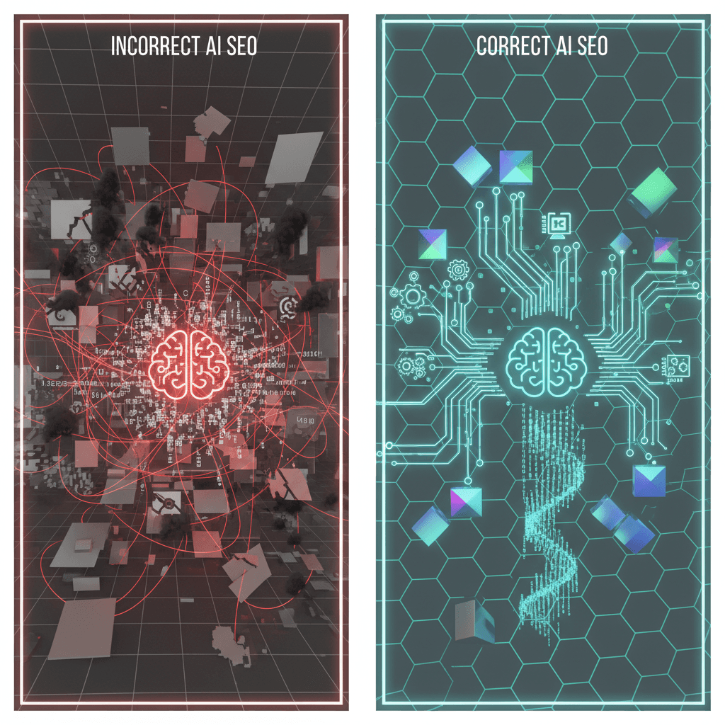 AI SEO best practices comparison showing common mistakes versus proper implementation techniques