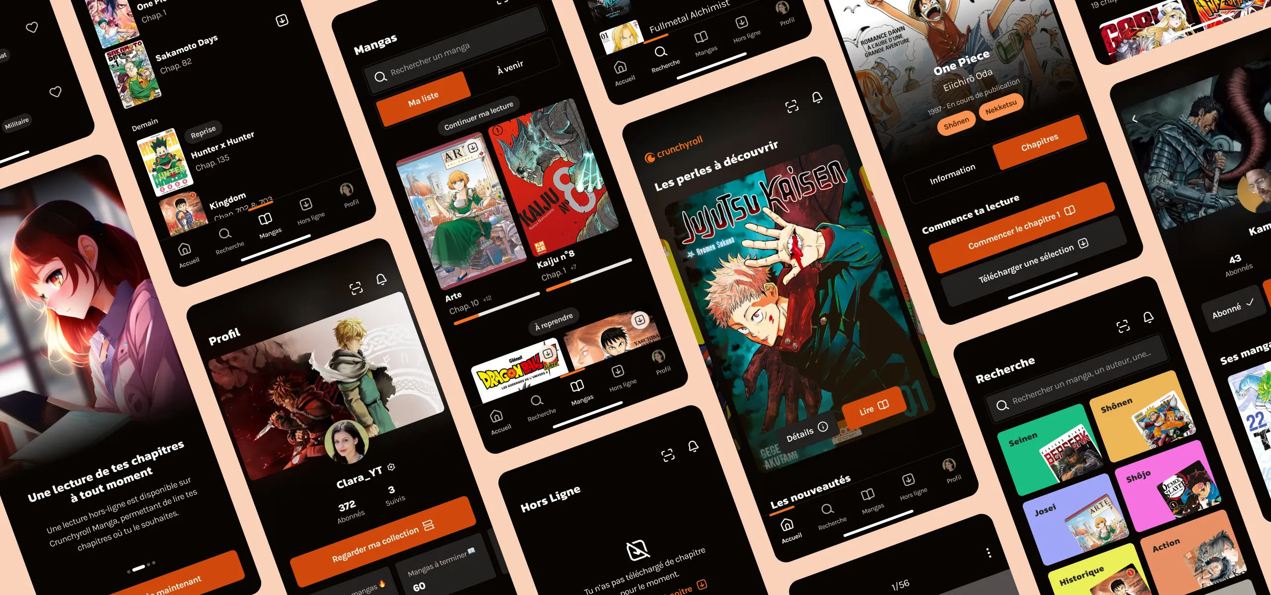 Images montrant plusieurs écrans de l'application Crunchyroll