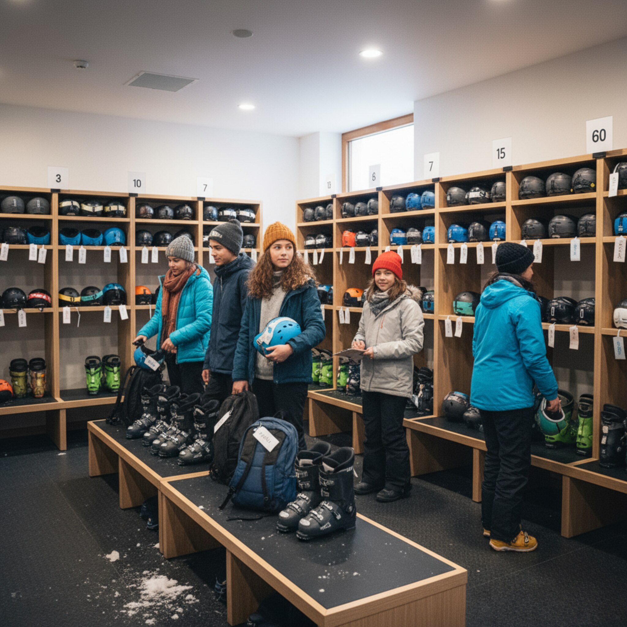 Im Skiraum eines Hotels stehen geordnete Helme und Schuhe in Reihen, jeweils mit kleinen Namensbändern versehen. Eine Gruppe Jugendliche stellt Rucksäcke ab und greift nach passender Größe. Eine Betreuerin zählt leise durch. Die Übergabe wirkt vorbereitet, koordiniert und freundlich.