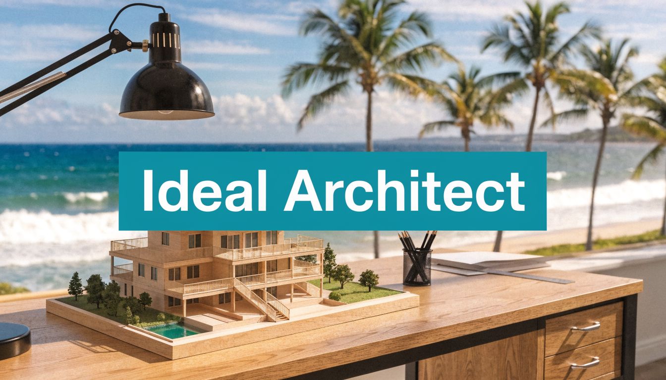 a model home on a wooden table with a beach in the background