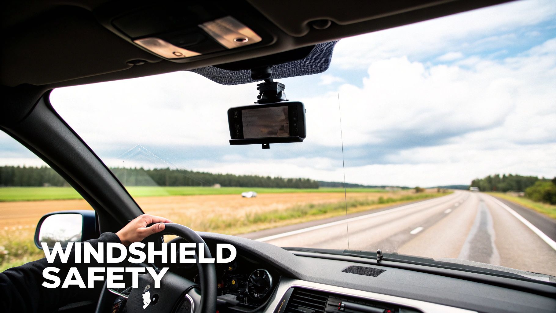 Interior car view with a dash cam mounted on a windshield, showing a subtle chip and road ahead.