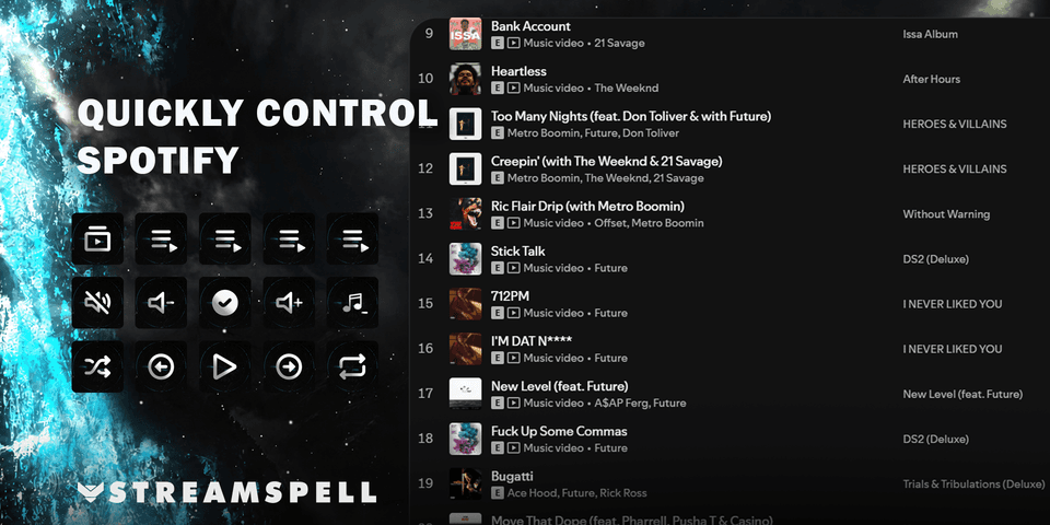 Dark Viking-themed keys organize the profile’s Spotify controls — official product preview