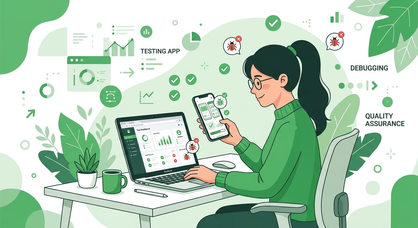 Illustration of a person testing a mobile app on a phone and laptop with checkmarks and bug icons.