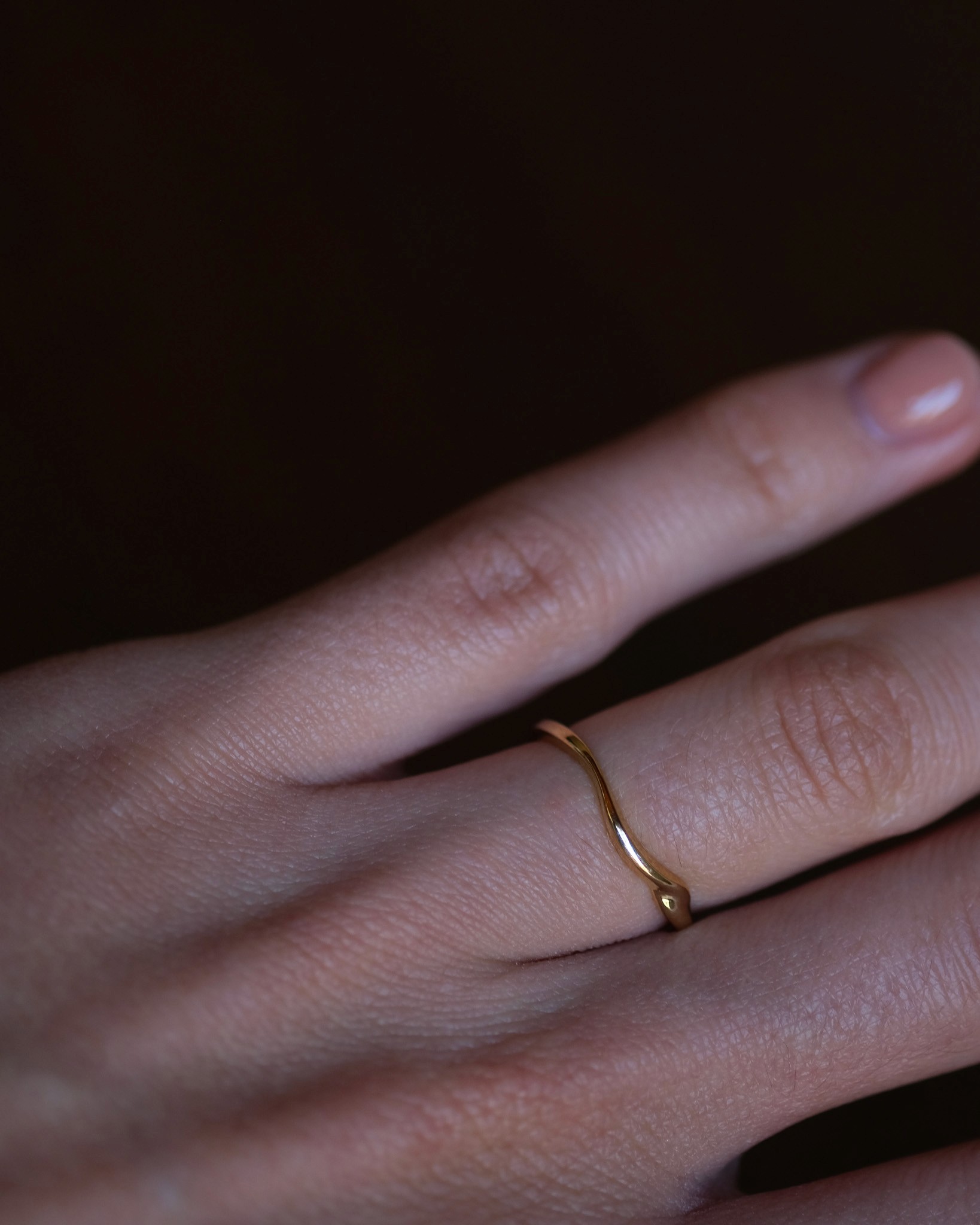 The gold ripple band on a finger