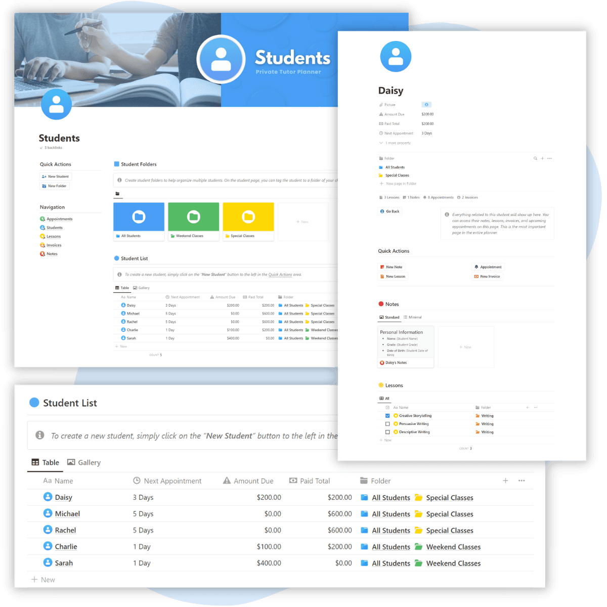 Two Notion pages from the Private Tutor Planner Notion Template with blue accent colors, featuring the student attendance tracker and a student profile page, highlighting the template's ability to streamline record-keeping, manage attendance, track student progress, and support personalized learning for delivering quality education.