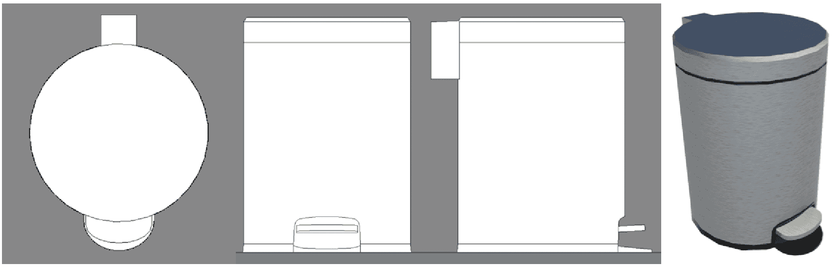 Pedal bin 2D in plan, elevations and ray-trace in 3D.