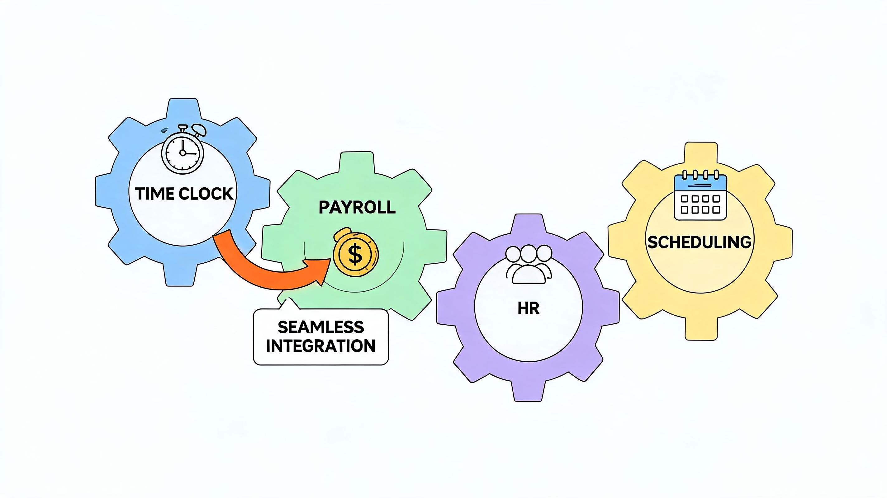 A graphic showing four connected gears labeled Time Clock, Payroll, HR, and Scheduling with seamless integration arrow.
