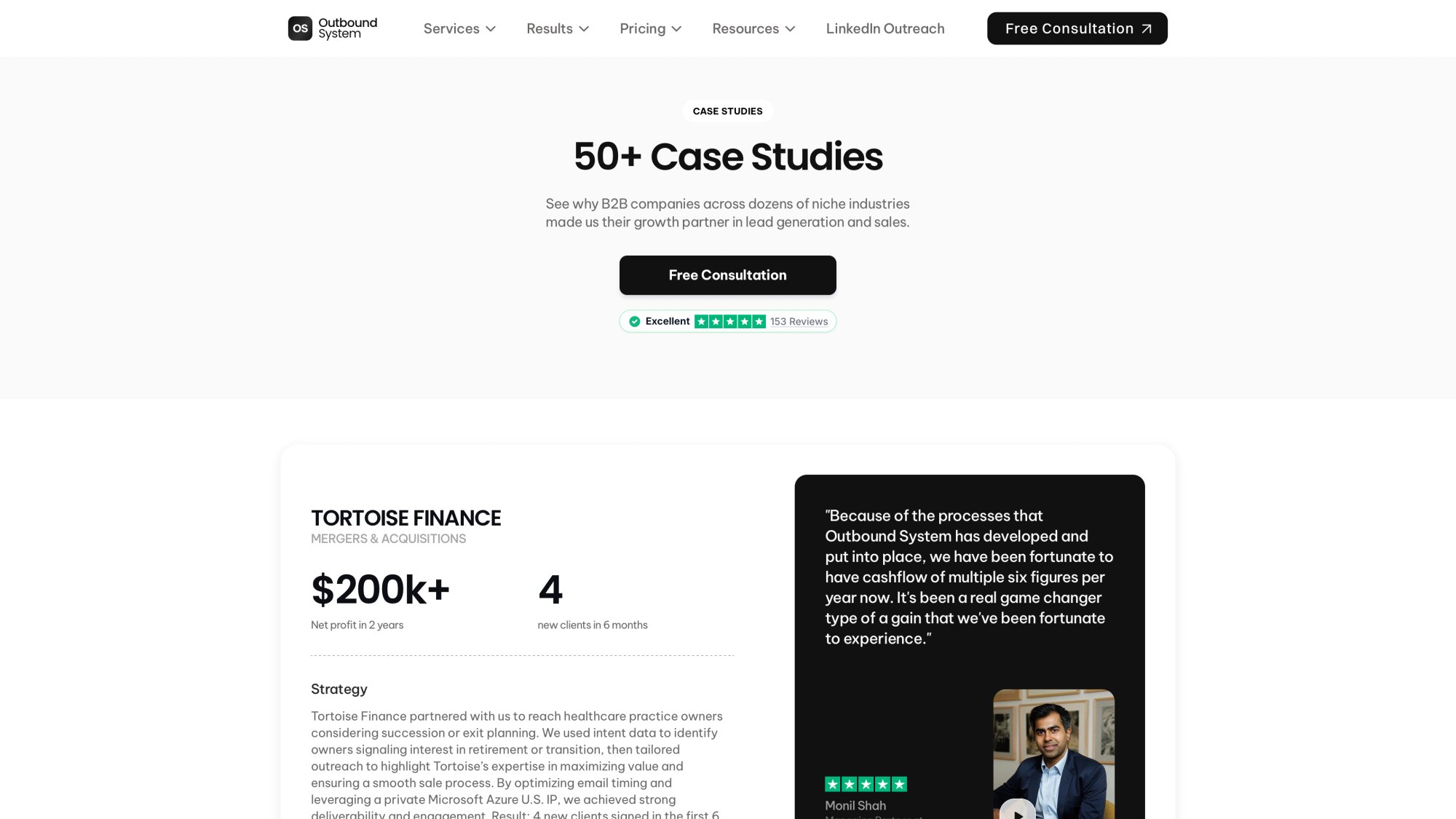 Outbound System case studies page displaying client results including 52M+ emails sent, 127K+ leads generated, and $26M in closed revenue