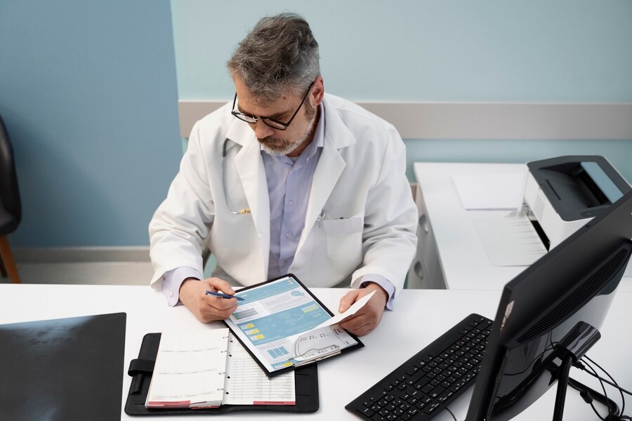 A doctor viewing reports and matching with samples.