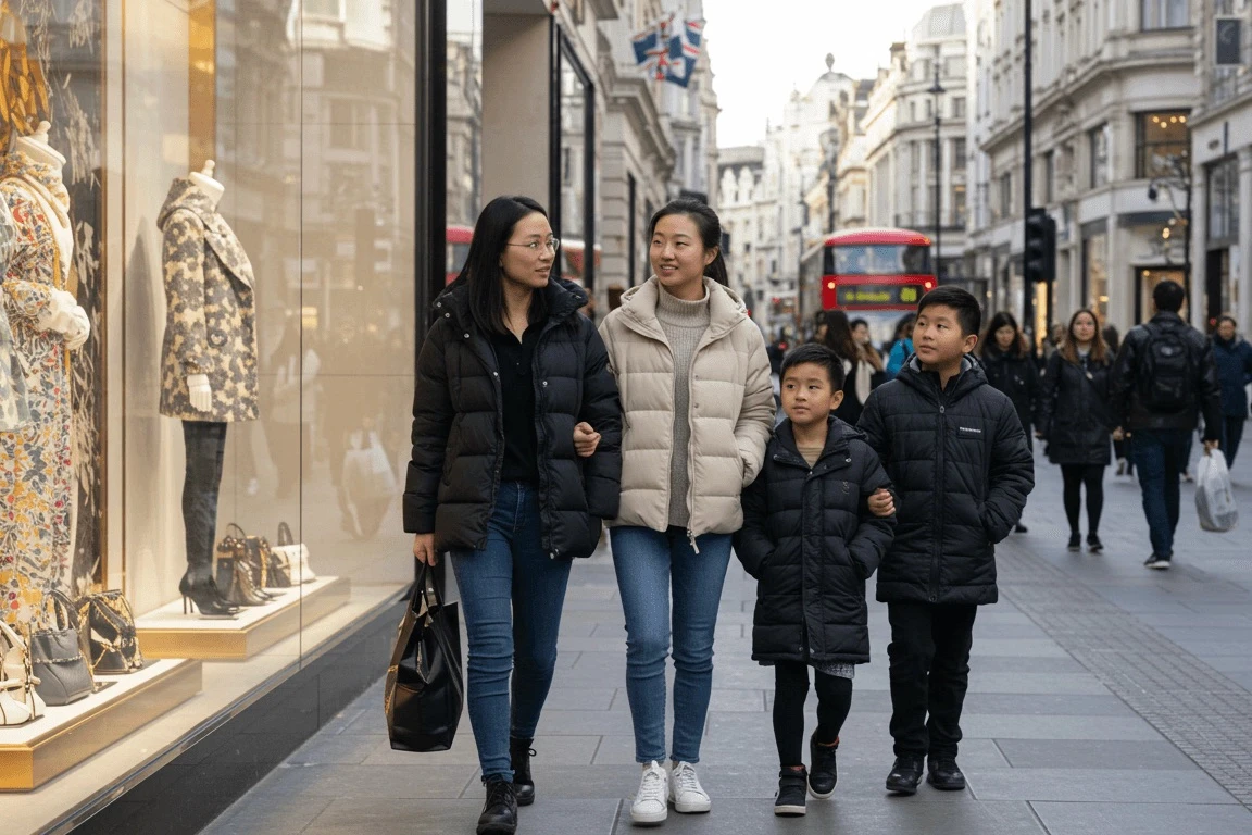 Chinese family enjoying a shopping trip in London highlighting mediareach expertise in retail and luxury marketing