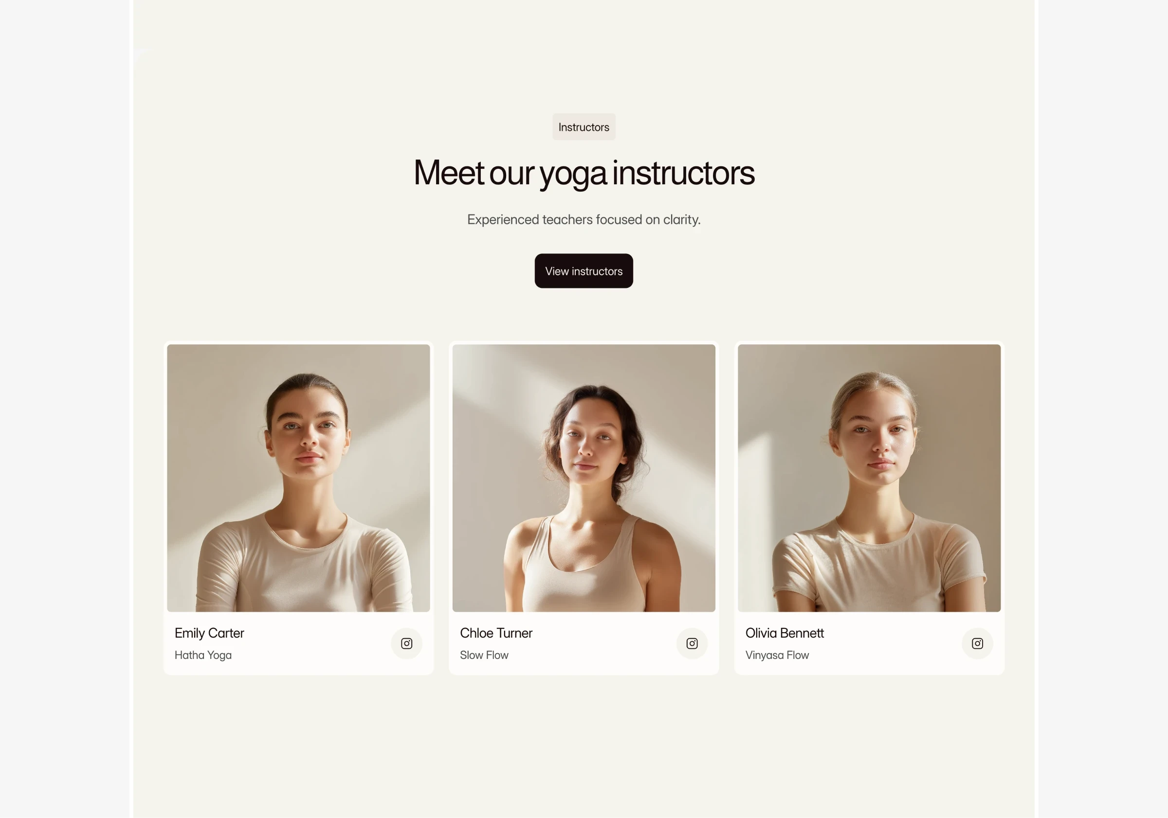 Yoga instructor profile section in a yoga website template showcasing certified teachers.