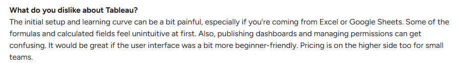 Tableau user review highlighting setup complexity, steep learning curve, and lack of beginner-friendly onboarding