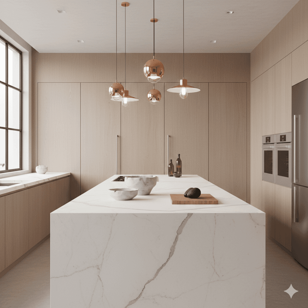 Modern luxury modular kitchen interior with marble island at M3M apartments Sector 111 Dwarka Expressway