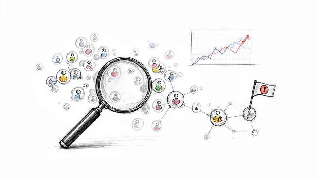 Magnifying glass examining a social network of people, with data trends and a flagged alert.