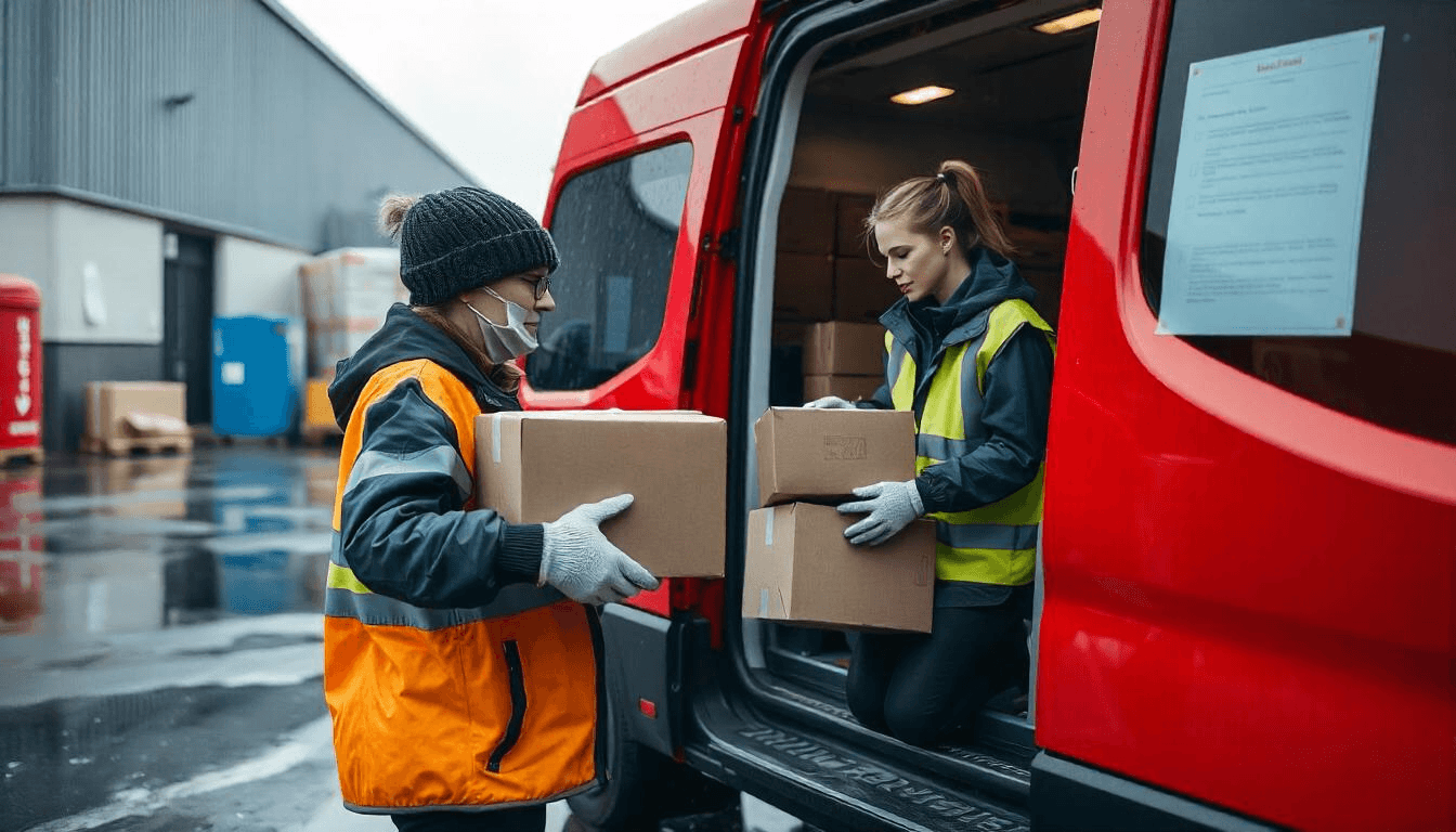 Un travailleur logistique organisant des colis de livraison dans une camionnette électrique, symbolisant une livraison du dernier kilomètre rentable et durable en France