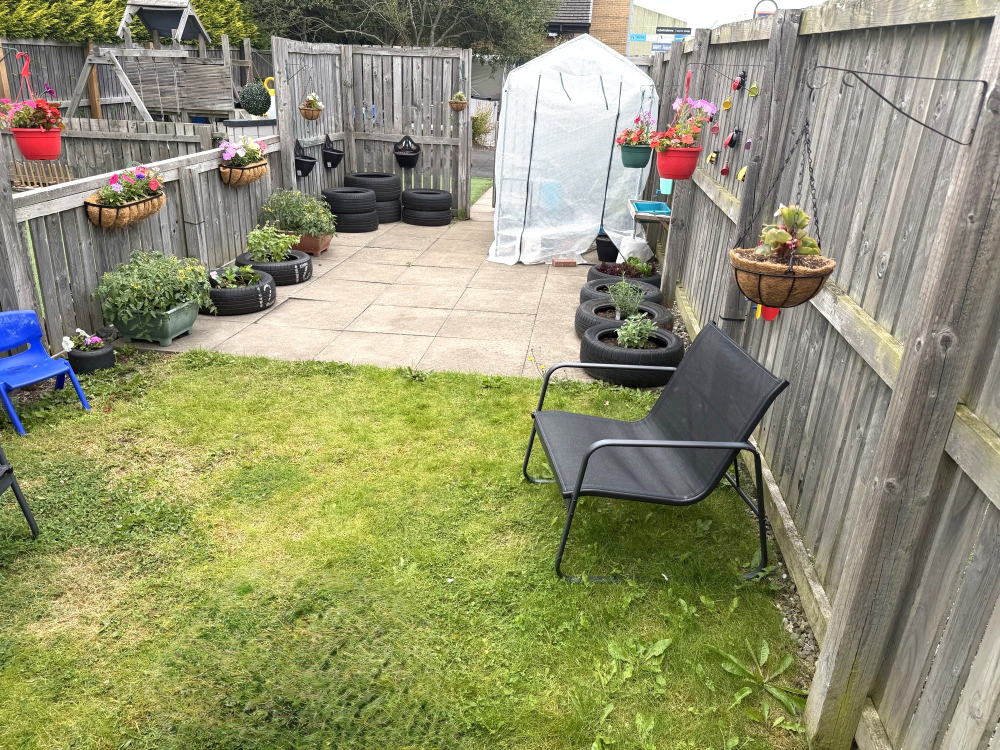 Our growing garden — greenhouse and lawn