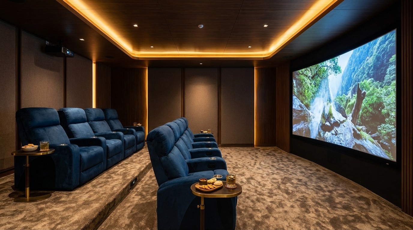 Private luxury home cinema screening room at Prestige Vaishnaoi Rainbow Waters clubhouse, Raidurgam Hyderabad, with tiered velvet seating and ambient cove lighting