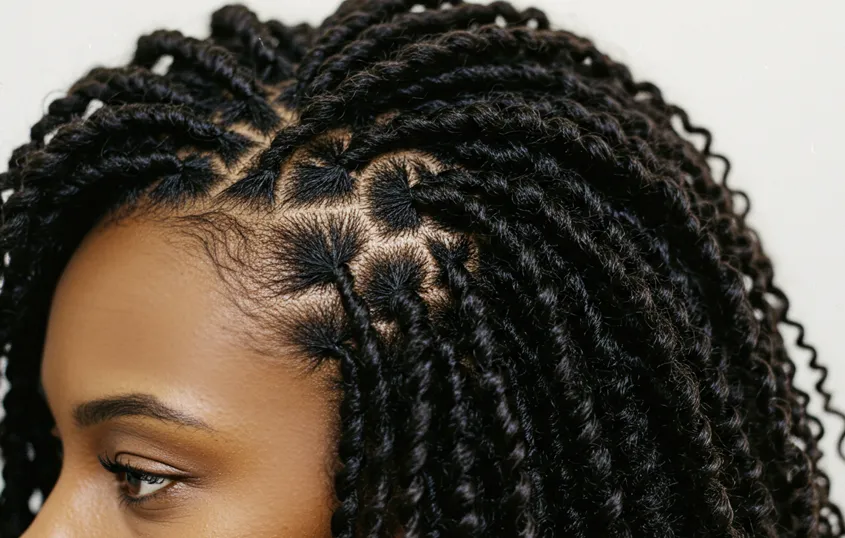 Close-up of tightly twisted natural hair in a protective hairstyle, showing defined twists and neatly sectioned hair at the scalp.