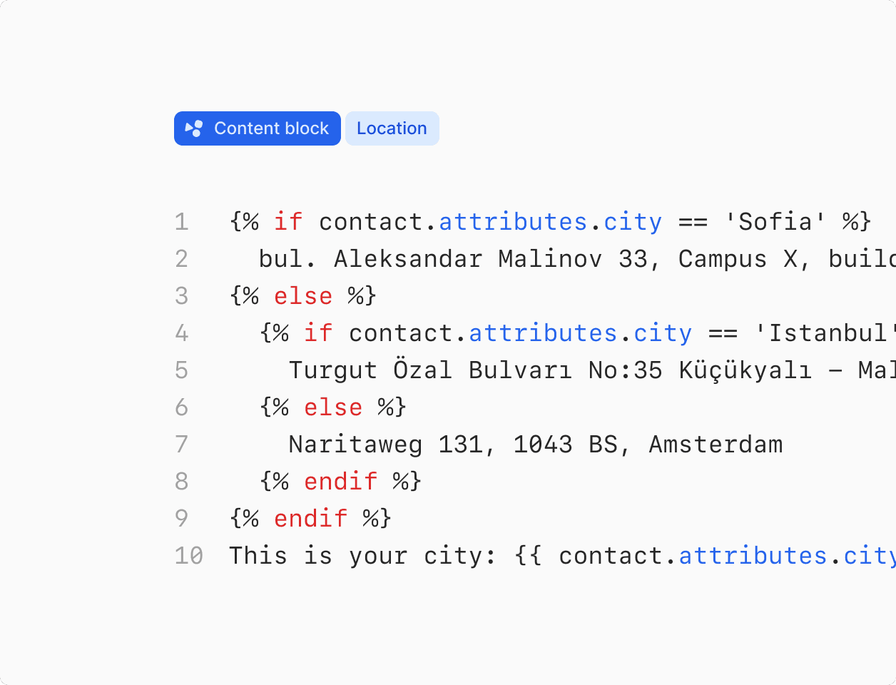 Code snippet related to dynamic components, illustrating content blocks that personalize city location information based on user attributes.