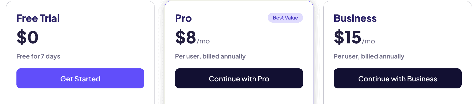 Pricing table: Free Trial ($0), Pro ($8/mo, billed annually, "Best Value"), and Business ($15/mo, billed annually). All plans have CTA buttons