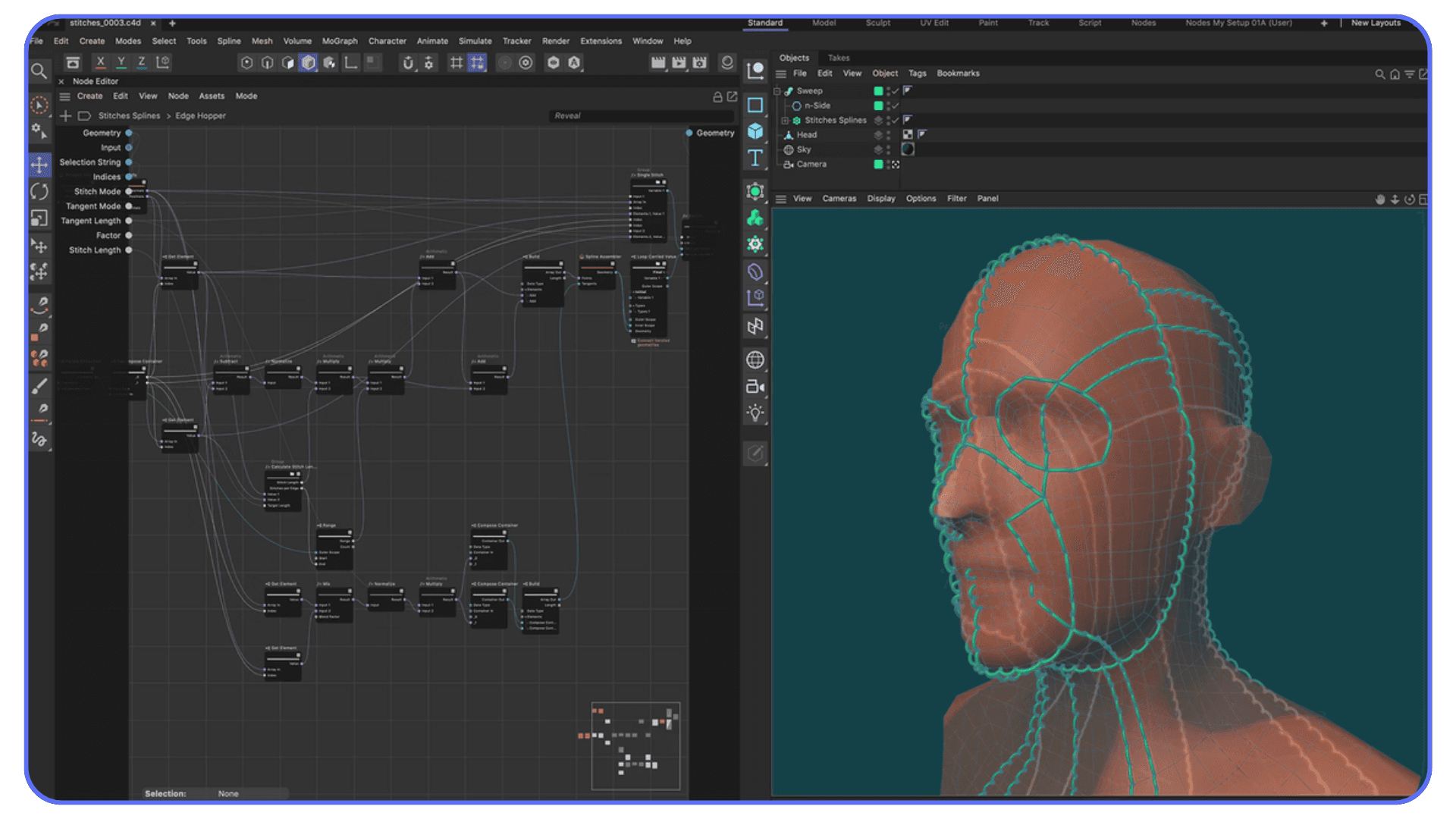 Cinema 4D node editor on the left with a complex procedural graph, and a 3D preview on the right displaying stylized face topology outlined with blue guide splines.