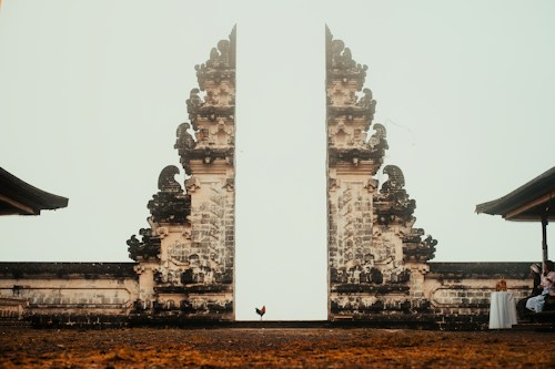 A stone temple beside still water