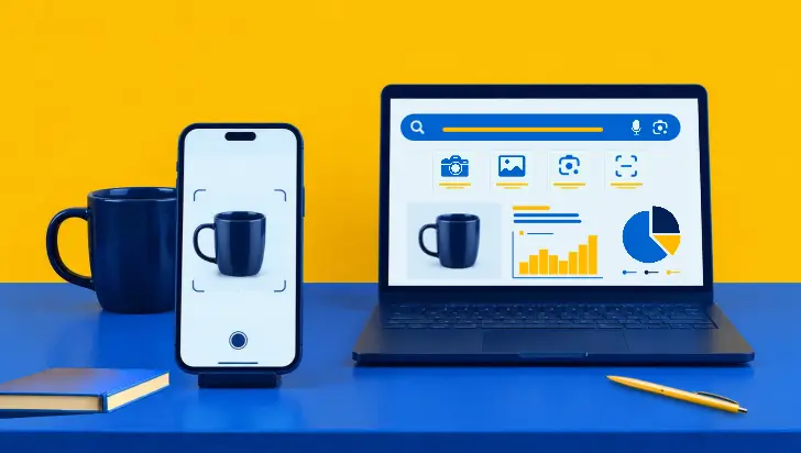 Smartphone and laptop showing multimodal visual search analytics for a blue mug.