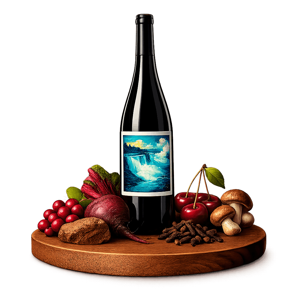 Artistic label and flavor profile for Niagara Pinot Noir on a rustic wooden table.