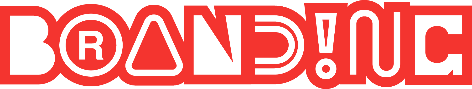 Bold colorful letters spelling brandduc with unique shapes and a red outline background