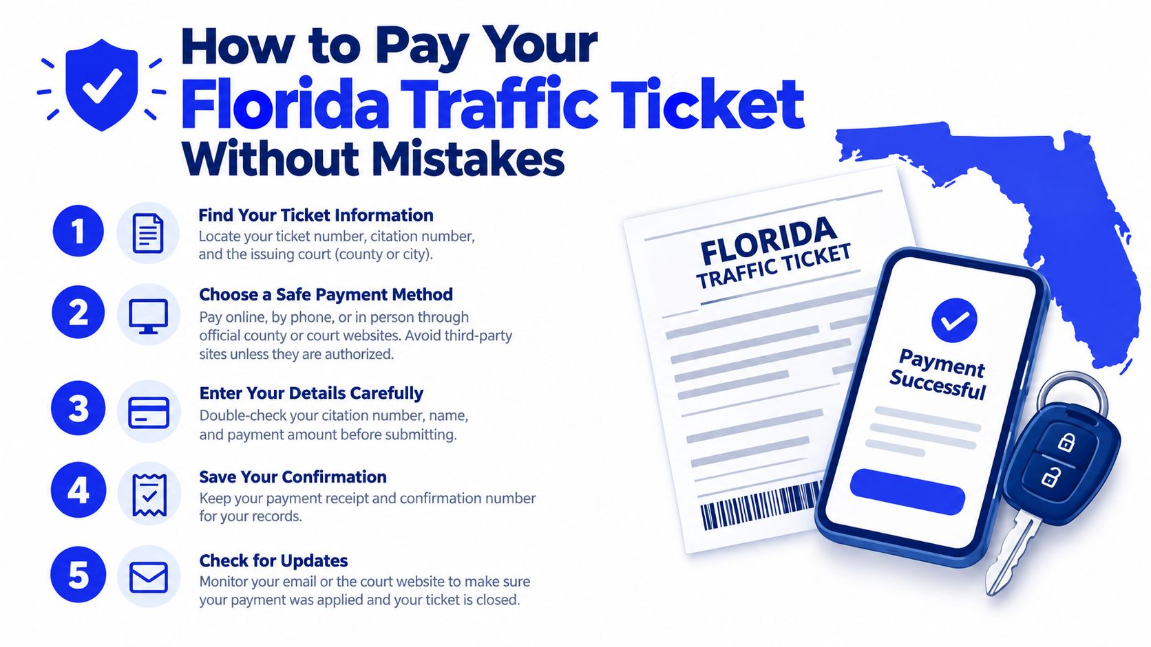 A five-step guide on how to pay a Florida traffic ticket safely and correctly using official sources.
