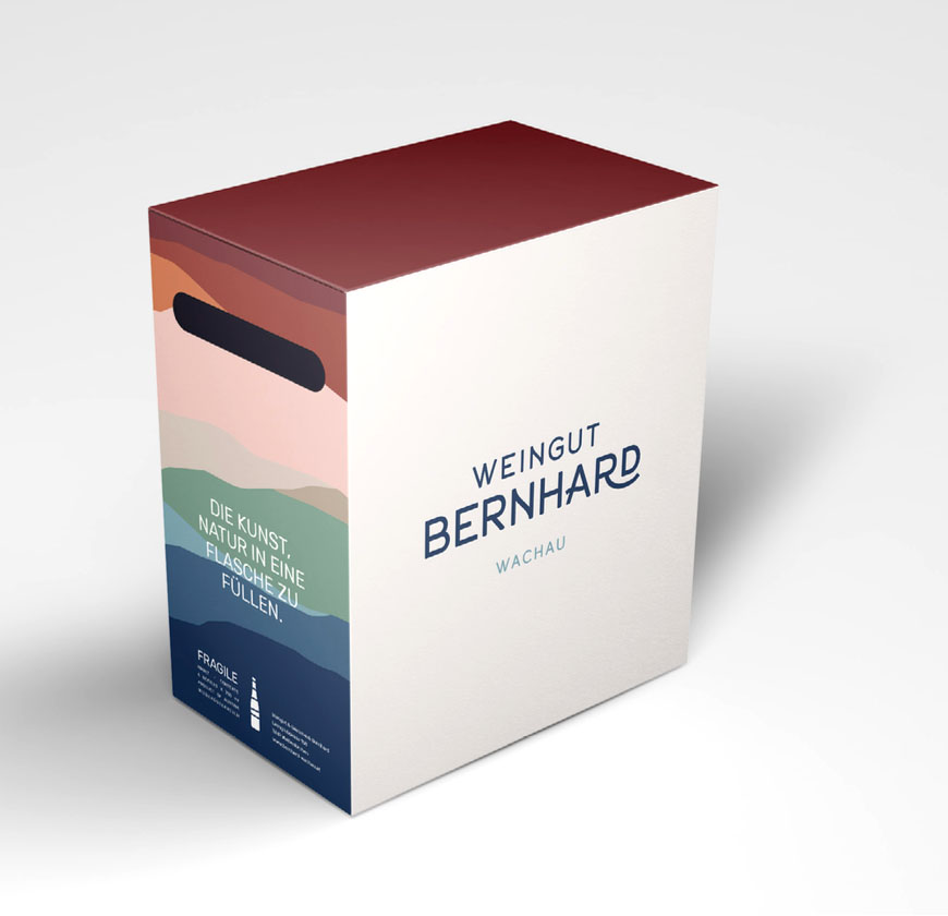Wein-Box. Gestaltung einer Versandverpackung für das Weingut Bernhard mit abstrahierter Landschaftsgrafik der Wachau