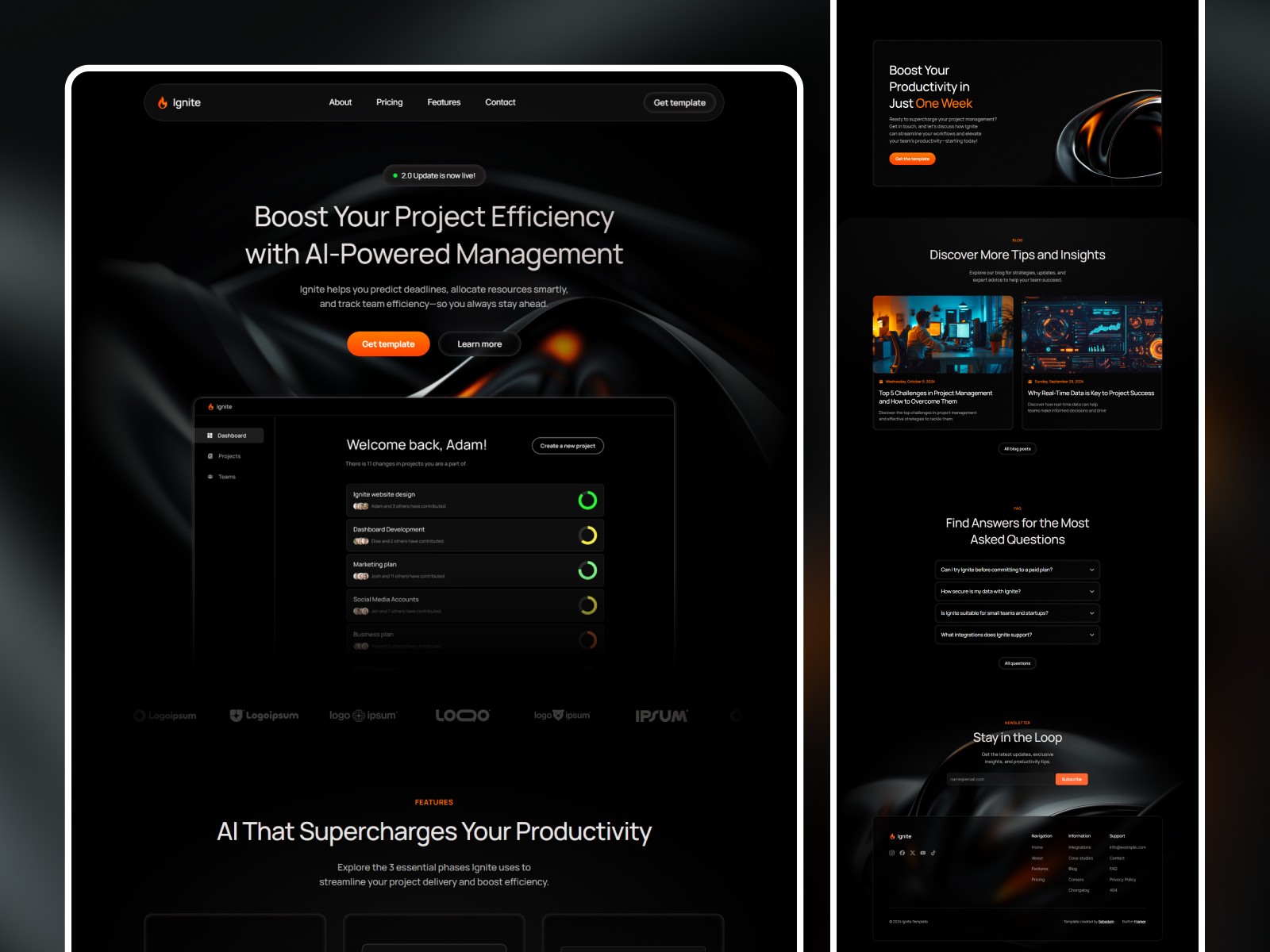 Ignite SaaS template multi-page overview with blog, FAQ, and newsletter sections