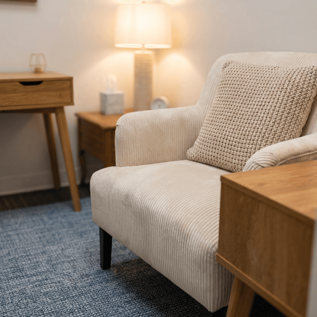 Comfortable cream therapy chair and warm lighting at Sonder Counselling Group Calgary Macleod Trail